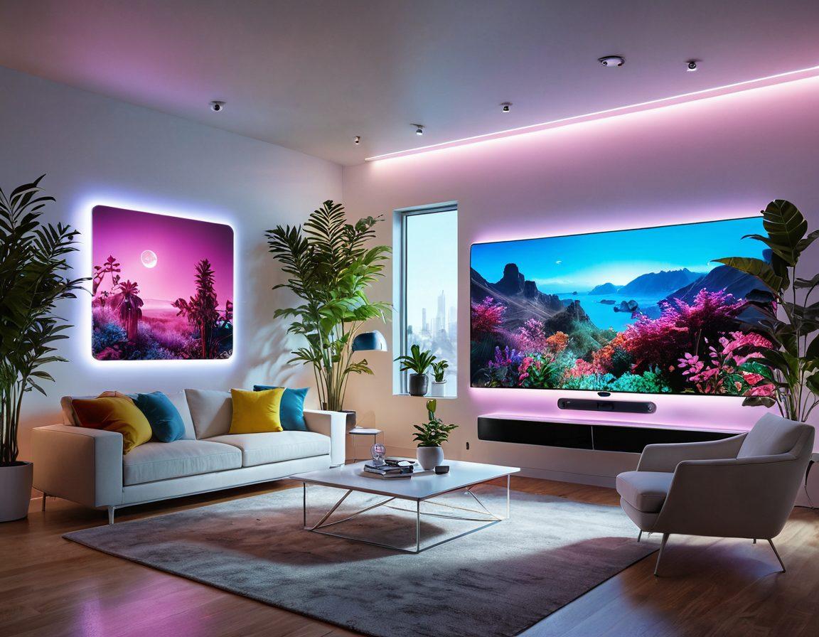 A futuristic living room showcasing smart technology seamlessly integrated into everyday life, with a holographic assistant, interactive wall screens, and energetic plants. Bright and inviting atmosphere, where innovation meets comfort, featuring people enjoying their digital lifestyle together. Include elements like smart furniture and augmented reality interfaces. super-realistic. vibrant colors.