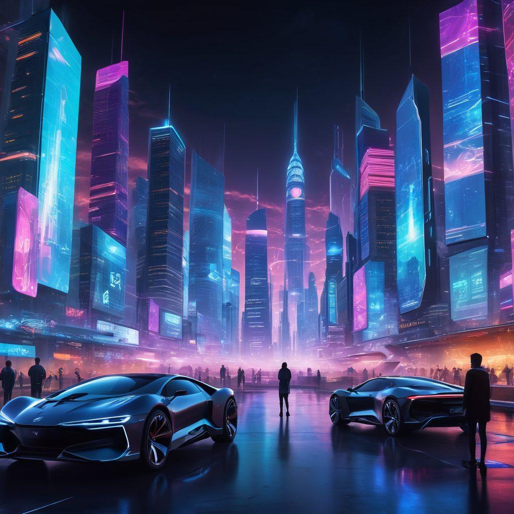 A futuristic city skyline glowing with digital interfaces and holographic displays, showcasing advanced technology like drones, smart vehicles, and people using augmented reality glasses. In the foreground, a diverse group of individuals engaged in collaborative projects, surrounded by smart devices and AI assistants. Bright neon lights and vibrant colors create a dynamic atmosphere to represent innovation. super-realistic. vibrant colors. cyberpunk.