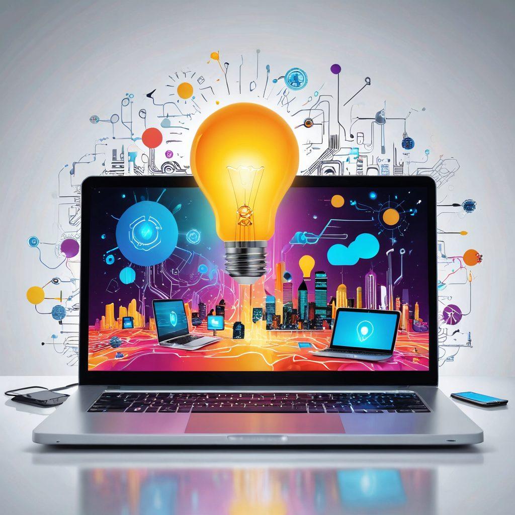 A futuristic blog scene featuring a laptop displaying digital analytics on one side, and a light bulb symbolizing ideas and innovation on the other. Surrounding elements include smart gadgets like AI assistants and wearable technology, glowing with vibrant colors to emphasize creativity. The background should be a digital landscape representing change, with abstract patterns depicting innovation. super-realistic. vibrant colors. white background.